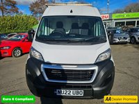 USED 2022 22 PEUGEOT BOXER White 2.2 BlueHDi Euro 6 panel van, 37,600 miles, ULEZ compliant, 6-speed manual, Bluetooth, Cruise Control, DAB Radio. Final price plus VAT @ 20%! The Peugeot Boxer 2.2 BlueHDi 335 S L3 H2 Euro 6 (s/s) 5dr is a reliable and efficient commercial vehicle that boasts a 2.2L Diesel Engine, meeting the stringent Euro 6 emission standards. This 2022 model has had only one owner and has been well-maintained, with a full service history that includes a recent service at 22,229 miles in September 2025. The vehicle's low mileage of 37,600 miles for its age is a testament to its careful use and upkeep. Additionally, the Boxer comes with a 3-month war