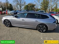 USED 2023 23 PEUGEOT 508 SW Grey 1.2 PureTech GT Euro 6 estate, 39,000 miles, ULEZ compliant, Automatic, CarPlay/Android Auto, 18in Alloys, Bluetooth, DAB, F&R sensors. This 2023 Peugeot 508 SW GT is a superb example, having been owned by only one person since new. This stylish estate car features a 1.2 litre petrol engine and meets Euro 6 emissions standards. It comes with a 3 month warranty for your peace of mind, and a full 12 months MOT will be provided upon purchase. Inside, you'll find the innovative Peugeot i-Cockpit with a head up display, and the convenience of a Bluetooth telephone facility. Safety is enhanced with the Safety Plus Pack, including Blin