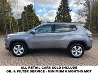 USED 2019 19 JEEP COMPASS 1.4T MultiAirII Longitude SUV 5dr Petrol Manual Euro 6 (s/s) (140 ps) This 2019 Jeep Compass Longitude in Magnesio Grey has covered 52k miles with a good service history, last serviced at 51,576 miles.  It comes with MOT until Jan 2027 and is ULEZ & CAZ compliant - perfect for city driving. Sat nav & Bluetooth - Cruise control - Front & rear electric mirrors - Climate control - USB & AUX connections - 17" alloy wheels  A well-equipped and easy-to-drive SUV that&rsquo;s ready to go!