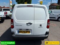 USED 2020 20 PEUGEOT PARTNER White 1.5 BlueHDi Euro 6 panel van, 44,000 miles, ULEZ compliant, 5-Speed manual, A/C, Bluetooth, Cruise, DAB, Rear sensors. Plus VAT @ 20%! Boasting exceptionally low mileage for its age, this 2020 Peugeot Partner presents a superb opportunity for discerning buyers.  This one owner vehicle has covered just 44,000 miles and benefits from a full service history, with its last service completed on 2025-12-04 at 43,323 miles.  The Professional trim level, featuring the 1.5 BlueHDi 1000 engine, is a Euro 6 compliant diesel model.  For your peace of mind, it will be supplied with a 12 month MOT upon purchase.  This Peugeot Partner is equi