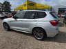 USED 2015 64 BMW X3 2.0 20d M Sport SUV 5dr Diesel Auto xDrive Euro 6 (s/s) (190 ps) Glacier Silver with full black Nevada leather interior. BMW xDrive all wheel drive, automatic transmission, 190ps diesel returning 54.3mpg average. Heated front seats, BMW navigation, DAB radio, Bluetooth with USB, dual zone climate control, powered tailgate, reversing camera, front and rear parking sensors, electric towbar, 19in M Sport alloys, xenon headlights, sport suspension, cruise control, gearshift paddles and run flat tyres. Freshly serviced, new MOT and 6 months warranty including bre