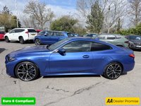 USED 2021 70 BMW 4 SERIES Blue 2.0 420d MHT M Sport coupe, 53,300 miles, ULEZ compliant, Automatic, Leather, 18in Alloys, A/C, Bluetooth, DAB, Sat Nav, Harman Kardon,  This 2021 BMW 4 Series 420d M Sport offers an exceptional blend of performance and advanced technology.  As a Euro 6 compliant model, it features a 2.0 litre diesel hybrid engine, providing efficient power.  The M Sport trim enhances its sporty appeal, complemented by the M Sport Pro Package and striking blue high gloss M Sport brakes.  Inside, you'll find the Premium Branded Sound System, including a Harman Kardon loudspeaker system, and the comprehensive Technology Plus Pack. This pack include