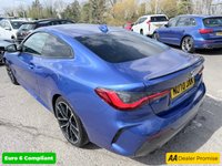 USED 2021 70 BMW 4 SERIES Blue 2.0 420d MHT M Sport coupe, 53,300 miles, ULEZ compliant, Automatic, Leather, 18in Alloys, A/C, Bluetooth, DAB, Sat Nav, Harman Kardon,  This 2021 BMW 4 Series 420d M Sport offers an exceptional blend of performance and advanced technology.  As a Euro 6 compliant model, it features a 2.0 litre diesel hybrid engine, providing efficient power.  The M Sport trim enhances its sporty appeal, complemented by the M Sport Pro Package and striking blue high gloss M Sport brakes.  Inside, you'll find the Premium Branded Sound System, including a Harman Kardon loudspeaker system, and the comprehensive Technology Plus Pack. This pack include