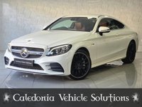 USED 2020 69 MERCEDES-BENZ C CLASS 3.0 C43 V6 AMG (Premium) Coupe 2dr Petrol G-Tronic+ 4MATIC Euro 6 (s/s) (390 ps) ULTRA LOW MILEAGE EXAMPLE IN DESIGNO DIAMOND WHITE COACHWORK WITH CRANBERRY RED LEATHER SPORTS LEATHER
