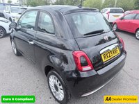 USED 2023 23 FIAT 500 Black 1.0 MHEV hatchback, 39,998 miles, Euro 6, ULEZ compliant, 6-speed manual, 7in screen, CarPlay/Android Auto, sunroof, A/C, 15in alloys. This 2023 Fiat 500 is a superb example, having had only one owner since new. It is powered by an efficient 1.0 litre petrol engine, meeting Euro 6 emissions standards. Inside, you'll find a fixed sunroof offering a panoramic view, air conditioning for comfort, and seamless connectivity with Apple CarPlay and Android Auto. The 7 inch HD touchscreen radio includes Bluetooth, USB, and DAB for all your entertainment needs, while rain and dusk sensors automatically manage the headlights.  This Fiat 5