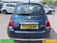 USED 2023 23 FIAT 500 Blue 1.0 MHEV hatchback, 44,183 miles, Euro 6, ULEZ compliant, 6-speed manual, 7in screen, CarPlay/Android Auto, sunroof, A/C, 15in alloys. This 2023 Fiat 500 is a superb example, having had only one owner since new. It features a responsive 1.0 litre petrol engine, meeting Euro 6 emissions standards. Inside, you'll find comfort with air conditioning and enjoy the fixed panoramic sunroof. Stay connected and entertained with Apple CarPlay and Android Auto compatibility, all managed through a 7 inch HD touchscreen radio that includes Bluetooth, USB, and DAB functionality. The car also benefits from rain and dusk sensors, which automat