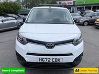 USED 2023 72 TOYOTA PROACE CITY White 1.5 BlueHDi Icon panel van, 86,000 miles, Euro 6, 6-Speed manual, A/C, 8in Touchscreen, Rear Camera, Bluetooth, Cruise. Plus VAT @ 20%! This 2023 Toyota PROACE CITY is a standout choice, having been owned by just one careful keeper. This Icon Short Panel Van SWB Euro 6 (s/s) 5dr model boasts a 1.5L BlueHDi diesel engine and meets Euro 6 emissions standards. It comes with a 3 month warranty and a full 12 months MOT will be provided on purchase. The last service was completed on 31st October 2025 at 75,402 miles. Inside, you'll find manual air conditioning, Bluetooth connectivity, and an 8in multimedia screen compatible with Andro