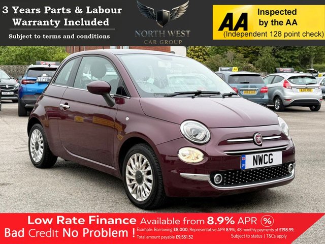 View our Fiat 500 1.2 Lounge Hatchback 3dr Petrol Manual Euro 6 (s/s) (69 bhp) ***DRIVE AWAY TODAY*** NATIONWIDE PARTS & LABOUR WARRANTY INCLUDED + 12 MONTHS AA BREAKDOWN FREE