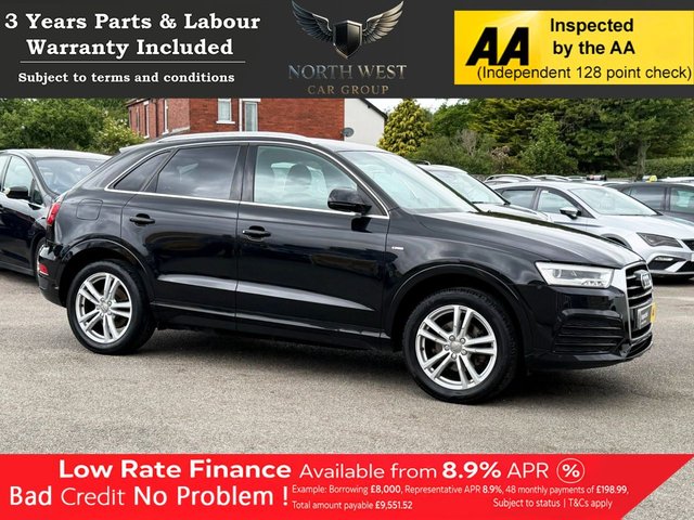 View our Audi Q3 1.4 TFSI CoD S line SUV 5dr Petrol Manual Euro 6 (s/s) (150 ps) NATIONWIDE PARTS & LABOUR WARRANTY INCLUDED + 12 MONTHS AA BREAKDOWN FREE