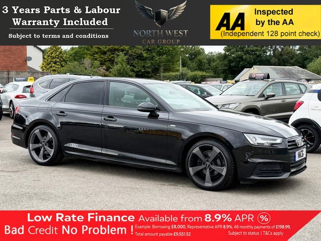 View our Audi A4 1.4 TFSI Black Edition Saloon 4dr Petrol S Tronic Euro 6 (s/s) (150 ps) NATIONWIDE PARTS & LABOUR WARRANTY INCLUDED + 12 MONTHS AA BREAKDOWN FREE
