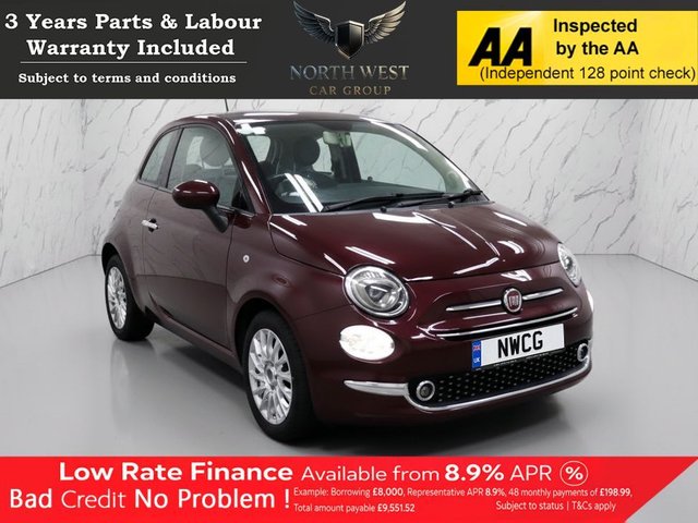 View our Fiat 500 1.2 Lounge Hatchback 3dr Petrol Manual Euro 6 (s/s) (69 bhp) NATIONWIDE PARTS & LABOUR WARRANTY INCLUDED + 12 MONTHS AA BREAKDOWN FREE