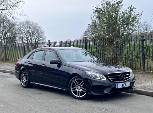 View our Mercedes-Benz E-Class 2.1 E220 BlueTEC AMG Night Edition Saloon 4dr Auto Diesel G-Tronic+ Euro 6 (s/s) (177 ps) OBSIDIAN BLACK, 18 INCH ALLOYS