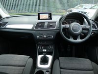 USED 2017 17 AUDI Q3 1.4 TFSI CoD Sport 5d 150 S/S LOW MILEAGE, GOOD SERVICE HISTORY, SAT NAV, DAB RADIO, BLUETOOTH PHONE & MUSIC, AUDI MUSIC INTERFACE, REAR ACCOUSTIC PARKING SENSORS, MANUAL 6 SPEED, 17 INCH 5 ARM ALLOY WHEELS, ROOF RAILS, CLOTH INTERIOR, SPORT SEATS WITH ELECTRIC LUMBAR SUPPORT, RAIN & LIGHT SENSORS, AUTO HOLD, LEATHER MULTIFUNCTION STEERING WHEEL, DRIVE SELECT, DUAL CLIMATE A/C, FRONT CENTRE ARM REST, CD & SD CARD READERS, ELECTRIC HEATED MIRRORS, ELECTRIC WINDOWS, TYRE PRESSURE MONITOR, ISO FIX, SPACE SAVER SPARE WHEEL