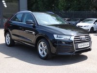 USED 2017 17 AUDI Q3 1.4 TFSI CoD Sport 5d 150 S/S LOW MILEAGE, GOOD SERVICE HISTORY, SAT NAV, DAB RADIO, BLUETOOTH PHONE & MUSIC, AUDI MUSIC INTERFACE, REAR ACCOUSTIC PARKING SENSORS, MANUAL 6 SPEED, 17 INCH 5 ARM ALLOY WHEELS, ROOF RAILS, CLOTH INTERIOR, SPORT SEATS WITH ELECTRIC LUMBAR SUPPORT, RAIN & LIGHT SENSORS, AUTO HOLD, LEATHER MULTIFUNCTION STEERING WHEEL, DRIVE SELECT, DUAL CLIMATE A/C, FRONT CENTRE ARM REST, CD & SD CARD READERS, ELECTRIC HEATED MIRRORS, ELECTRIC WINDOWS, TYRE PRESSURE MONITOR, ISO FIX, SPACE SAVER SPARE WHEEL