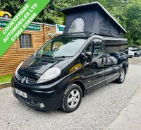 USED 2014 14 RENAULT TRAFIC 2.0 dCi SL27 Sport Panel Van 3dr Diesel Manual L1 H1 (198 g/km, 115 bhp) Here we have a lovely low mileage affordable example of a 4 berth professionally converted campervan, finished in metallic black. We converted this van around 2 years ago and last owner has slept in it less tan half a dozen times. Kiravan tested double front swivel, so giving it 5 belted traveling seats, Smev sink and hob, Victron charging system, Rear Bike rack. interion was fully retrimmed in a stunning factory looking grey and blue colours. C AND H Pop top fitted.