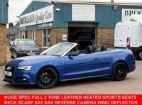 USED 2015 65 AUDI A5 CABRIOLET 2.0 TDI S line Special Edition Plus Convertible Sepang Blue Diesel Multitronic Euro 6 (s/s) (190 ps) HUGE SPEC FULL 2 TONE LEATHER HEATED SPORTS SEATS with NECK SCARF SAT NAV REVERSE CAMERA WIND DEFLECTOR AND LOTS MORE