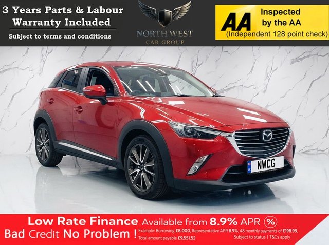View our Mazda CX-3 1.5 SKYACTIV-D Sport Nav SUV 5dr Diesel Auto 4WD Euro 6 (s/s) (105 ps) NATIONWIDE PARTS & LABOUR WARRANTY INCLUDED + 12 MONTHS AA BREAKDOWN FREE